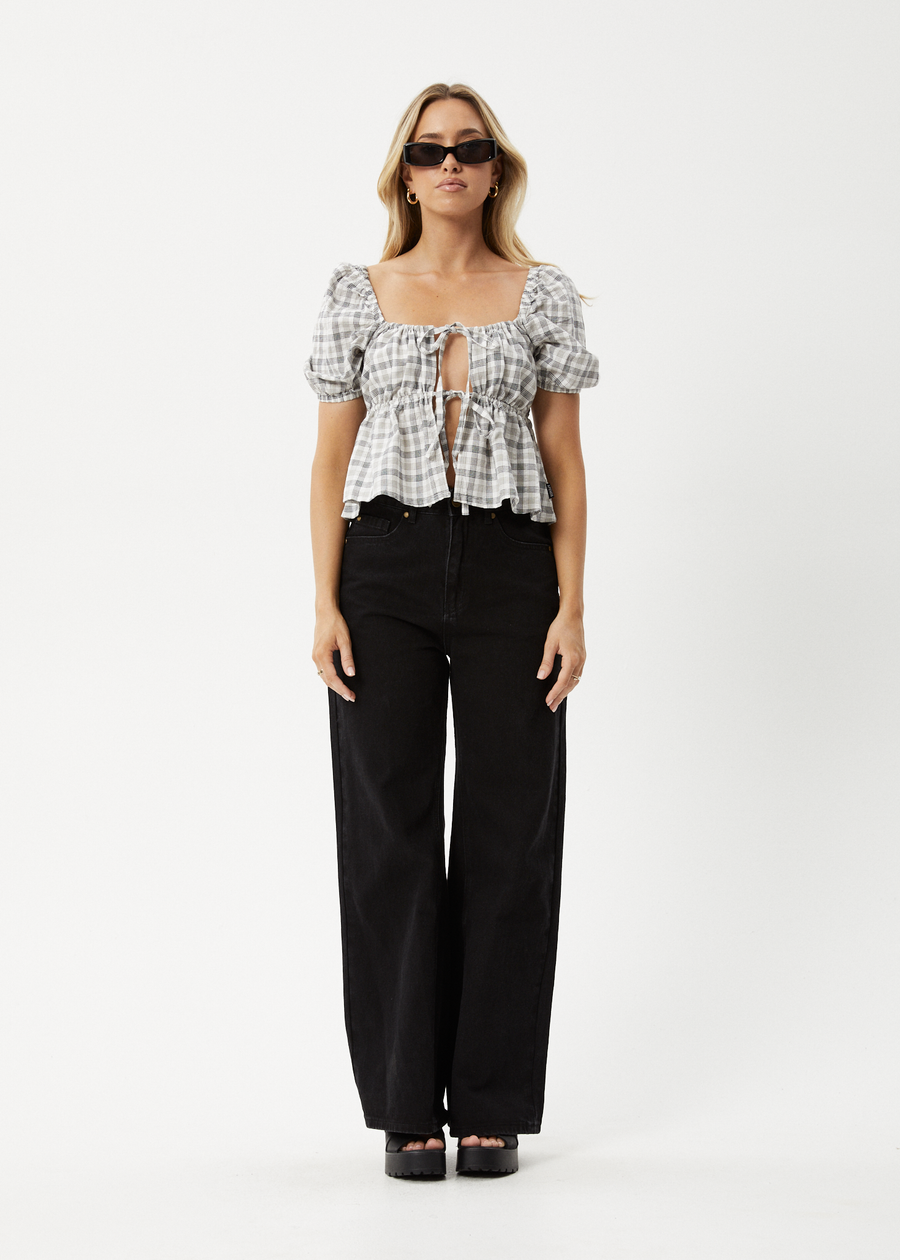 AFENDS Womens Leo - Seersucker Tie Front Top - Black / White