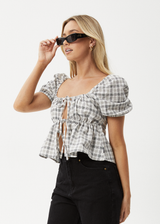 AFENDS Womens Leo -  Seersucker Tie Front Top - Black / White - Afends womens leo   seersucker tie front top   black / white