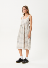 AFENDS Womens Leo - Seersucker Midi Dress - Coffee / White - Afends womens leo   seersucker midi dress   coffee / white