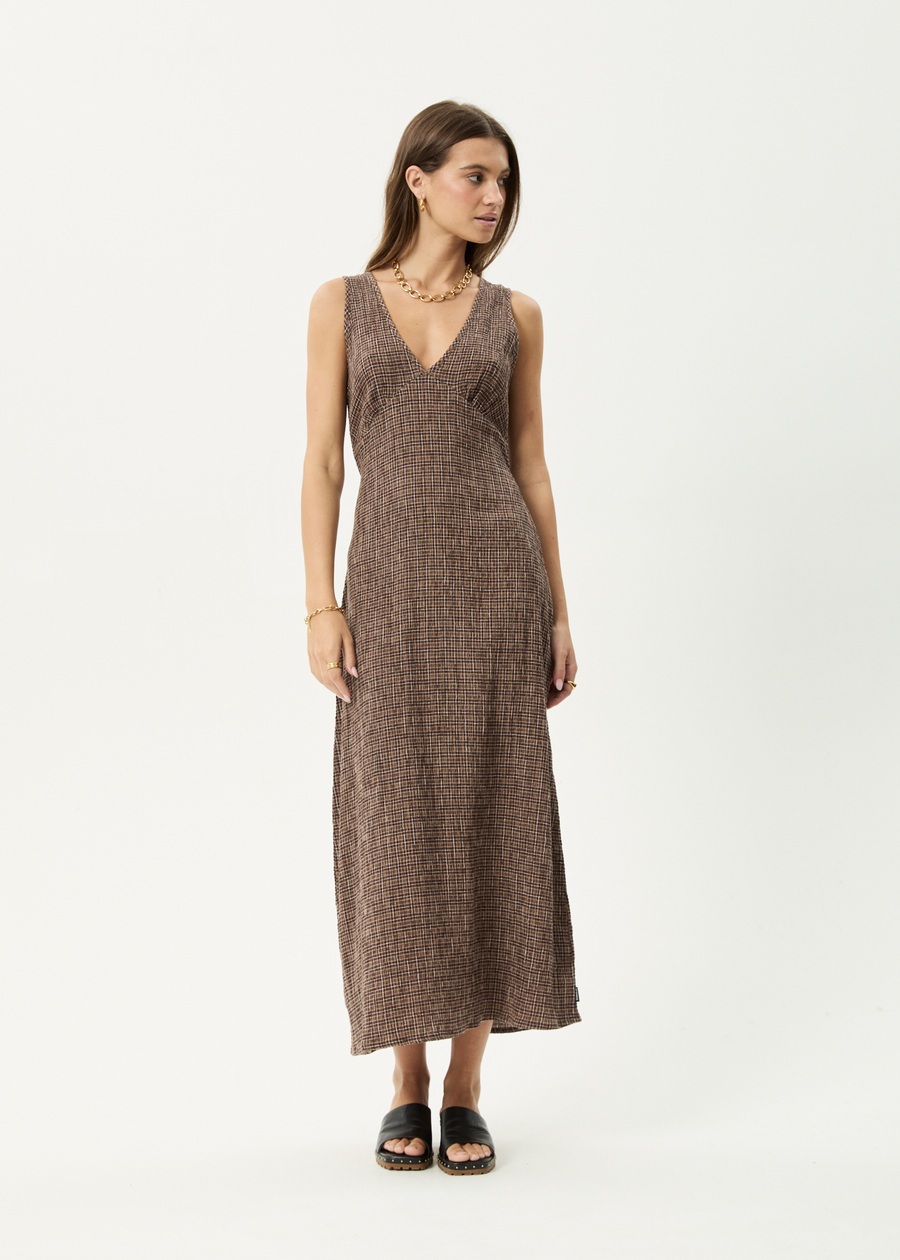 AFENDS Womens Hometown - Seersucker Maxi Dress - Coffee