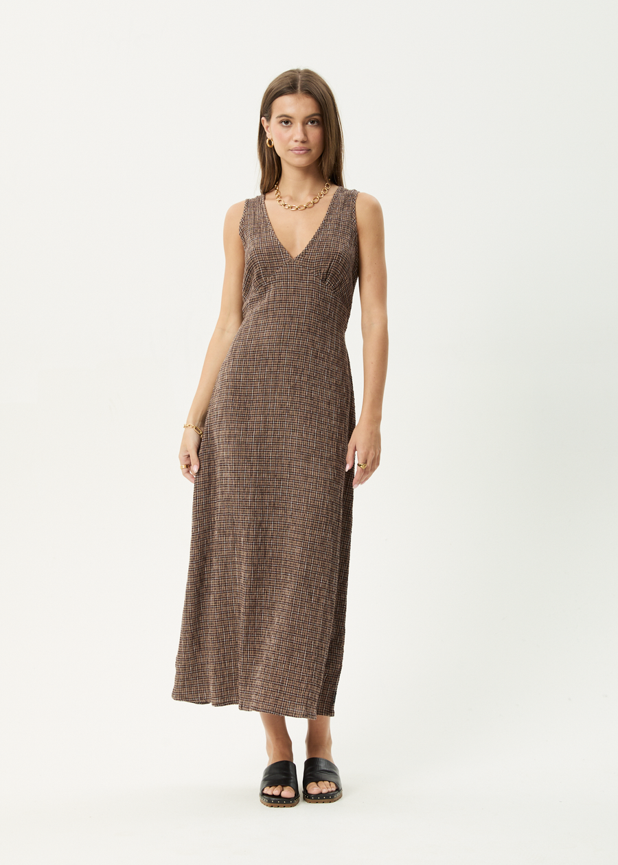 AFENDS Womens Hometown - Seersucker Maxi Dress - Coffee