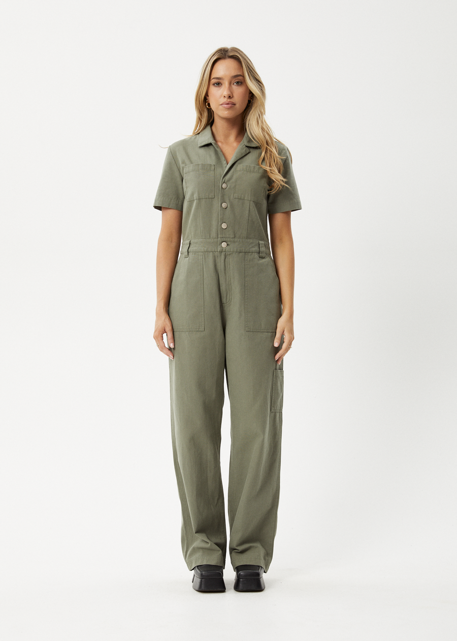 AFENDS Womens Mika - Canvas Jumpsuit - Olive 