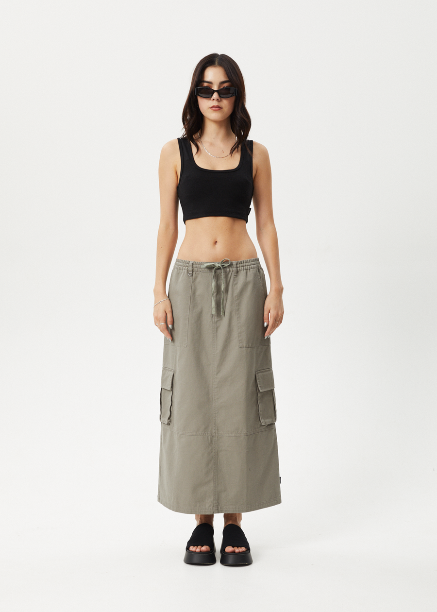 AFENDS Womens Tasman - Cargo Maxi Skirt - Grey Olive 