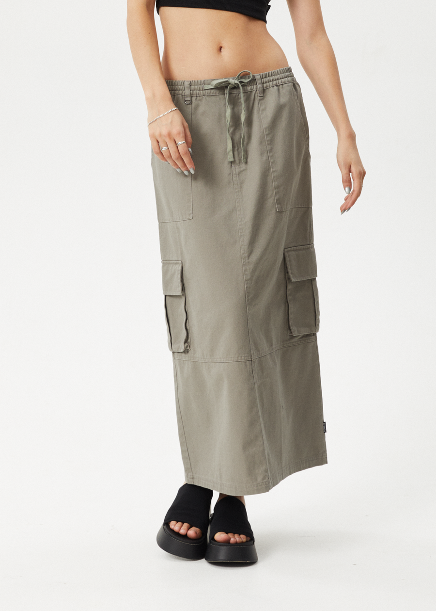 AFENDS Womens Tasman - Cargo Maxi Skirt - Grey Olive 