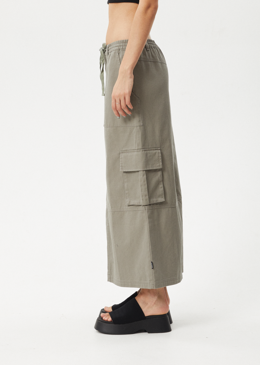 AFENDS Womens Tasman - Cargo Maxi Skirt - Grey Olive 