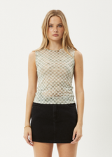 AFENDS Womens Glasshouse - Sheer Tank - Sand Checker - Afends womens glasshouse   sheer tank   sand checker 