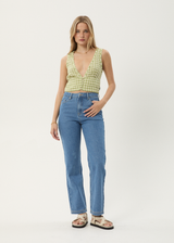 AFENDS Womens Darcy - Check Button Top - Lemongrass Check - Afends womens darcy   check button top   lemongrass check 