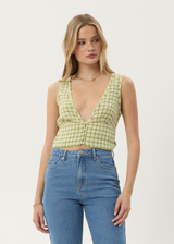 AFENDS Womens Darcy - Check Button Top - Lemongrass Check - Afends womens darcy   check button top   lemongrass check 