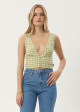 AFENDS Womens Darcy - Check Button Top - Lemongrass Check - Afends womens darcy   check button top   lemongrass check 