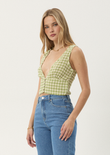 AFENDS Womens Darcy - Check Button Top - Lemongrass Check - Afends womens darcy   check button top   lemongrass check 