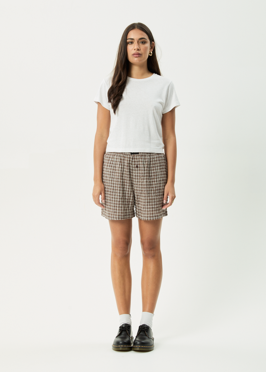 AFENDS Womens Base - Seersucker Boxer Short - Coffee Check