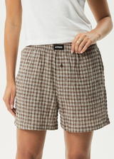 AFENDS Womens Base - Seersucker Boxer Short - Coffee Check - Afends womens base   seersucker boxer short   coffee check