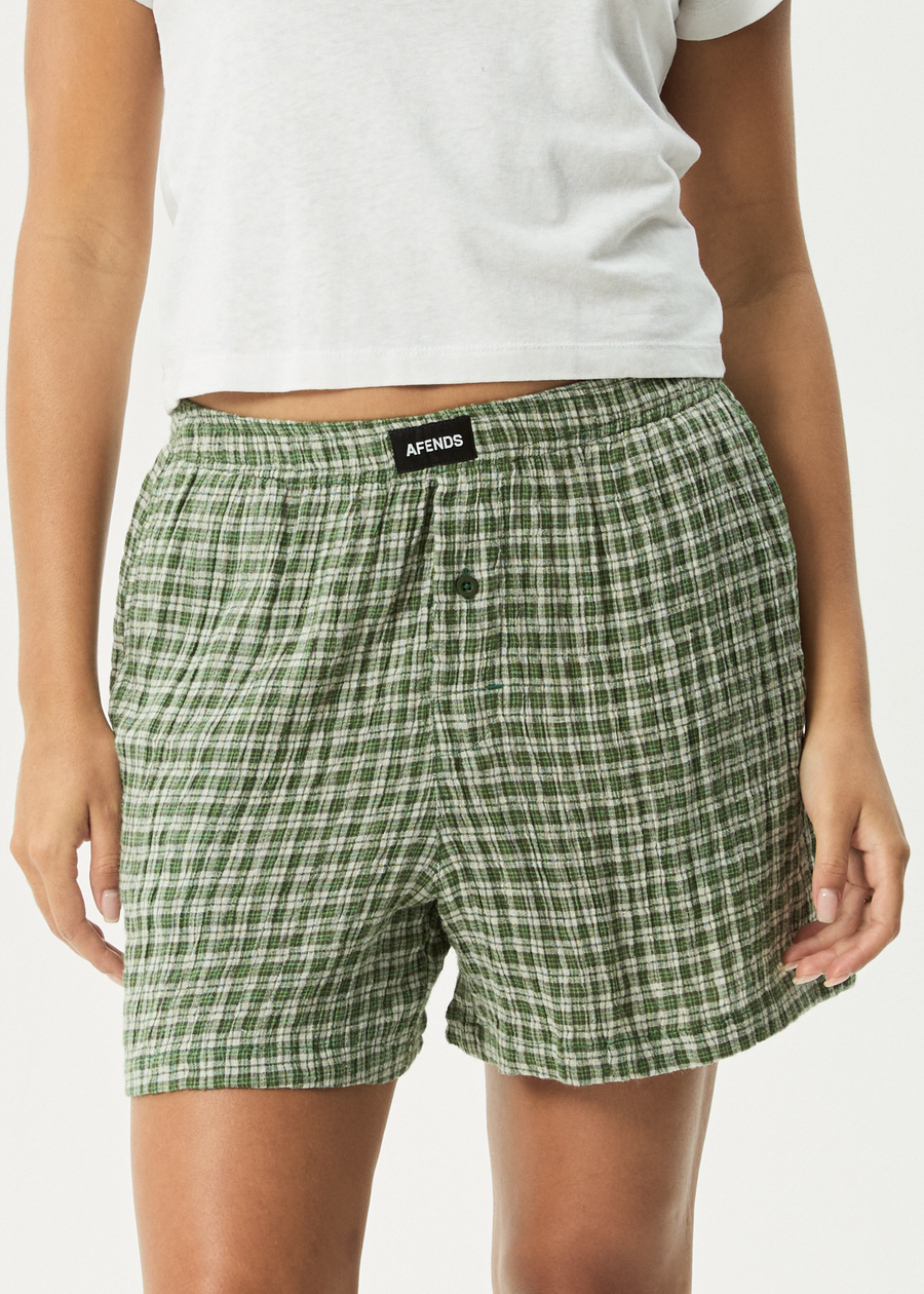 AFENDS Womens Base - Seersucker Boxer Short - Deep Green Check