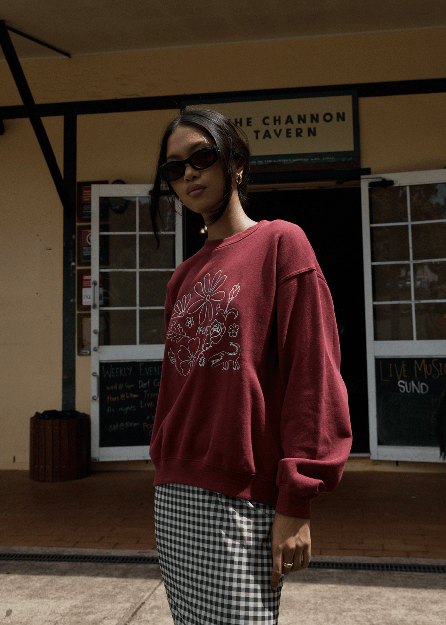 AFENDS Womens Shapes - Crew Neck Jumper - Washed Burgundy