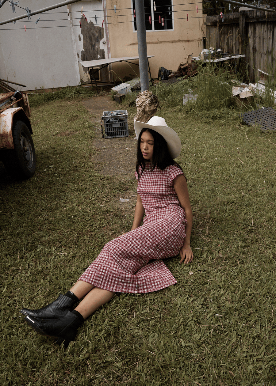AFENDS Womens Base - Seersucker Midi Dress - Burgundy Check