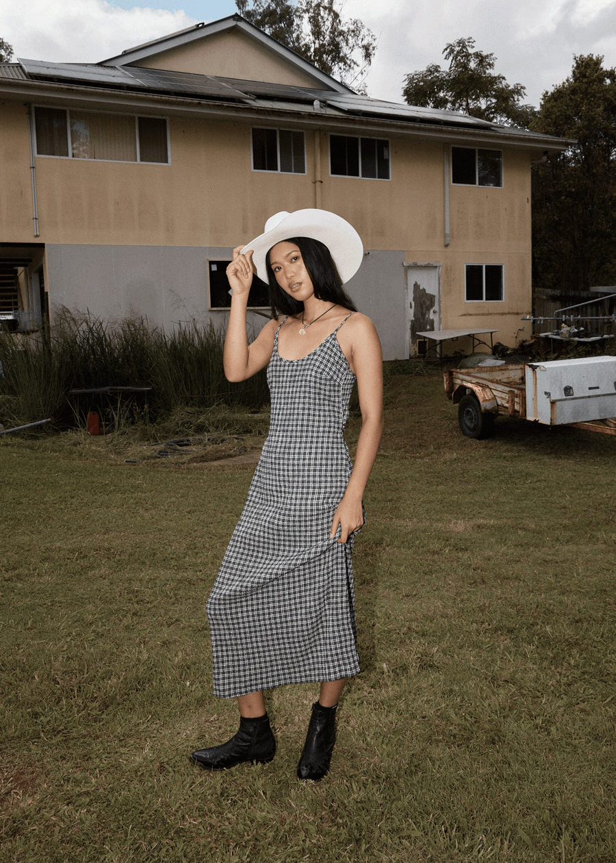 AFENDS Womens Asta Rumi - Seersucker Midi Dress - Steel Check