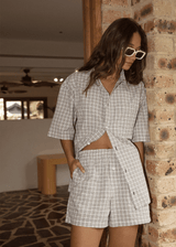 AFENDS Womens Drew - Seersucker Boxer Short - Taupe Check - Afends womens drew   seersucker boxer short   taupe check