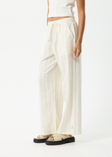 AFENDS Womens Splice - Seersucker Wide Leg Pant - White / Lemongrass - Afends womens splice   seersucker wide leg pant   white / lemongrass