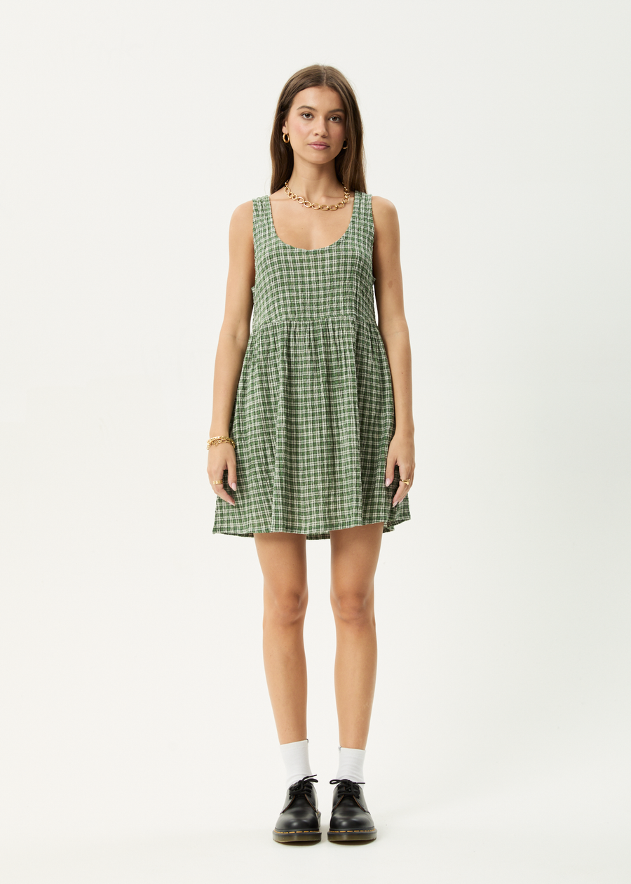 AFENDS Womens Base Jesse - Seersucker Mini Dress - Deep Green Check