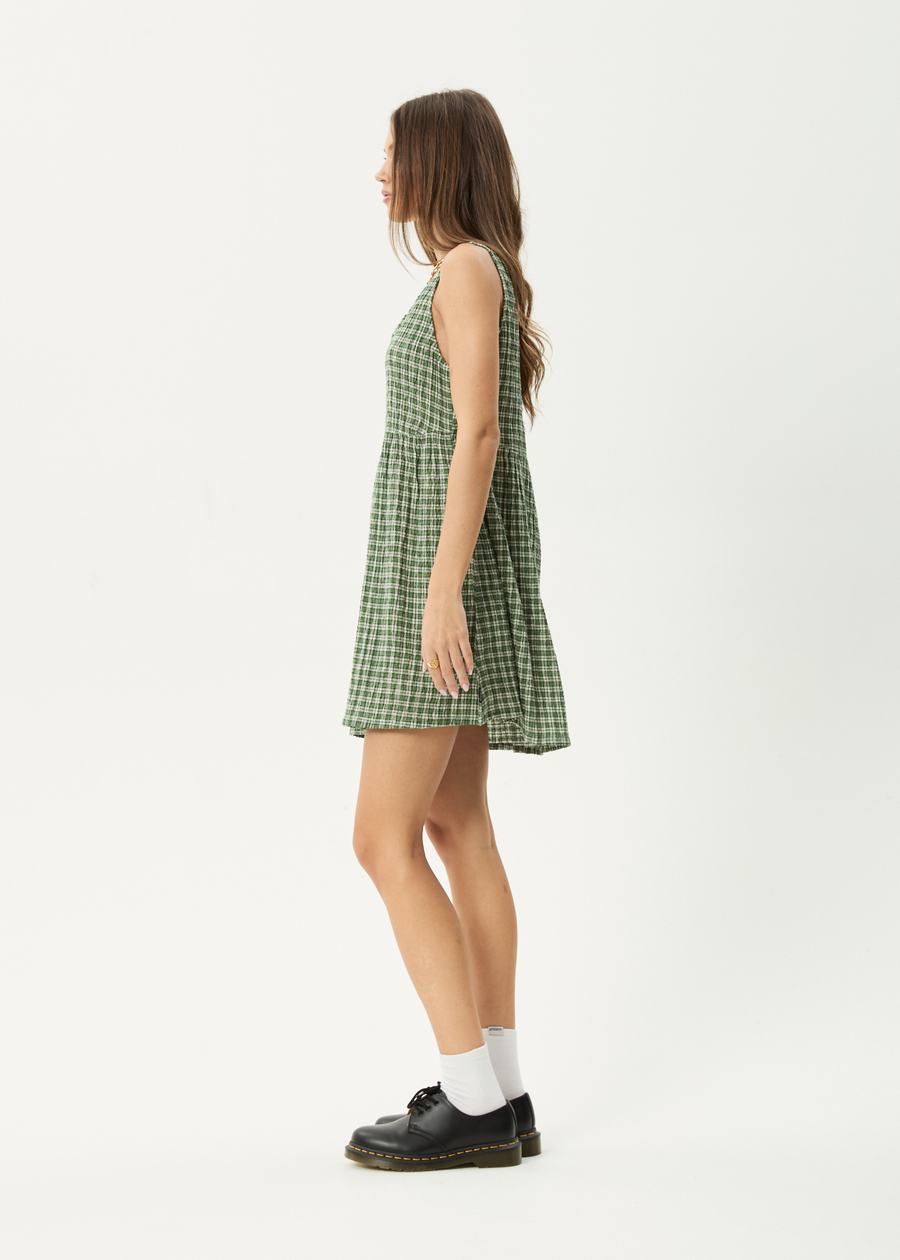 AFENDS Womens Base Jesse - Seersucker Mini Dress - Deep Green Check