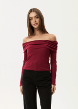 AFENDS Womens Beckett - Off-Shoulder Long Sleeve Top - Burgundy - Afends womens beckett   off shoulder long sleeve top   burgundy