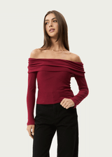 AFENDS Womens Beckett - Off-Shoulder Long Sleeve Top - Burgundy - Afends womens beckett   off shoulder long sleeve top   burgundy