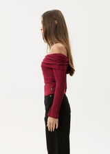 AFENDS Womens Beckett - Off-Shoulder Long Sleeve Top - Burgundy - Afends womens beckett   off shoulder long sleeve top   burgundy