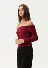 AFENDS Womens Beckett - Off-Shoulder Long Sleeve Top - Burgundy - Afends womens beckett   off shoulder long sleeve top   burgundy