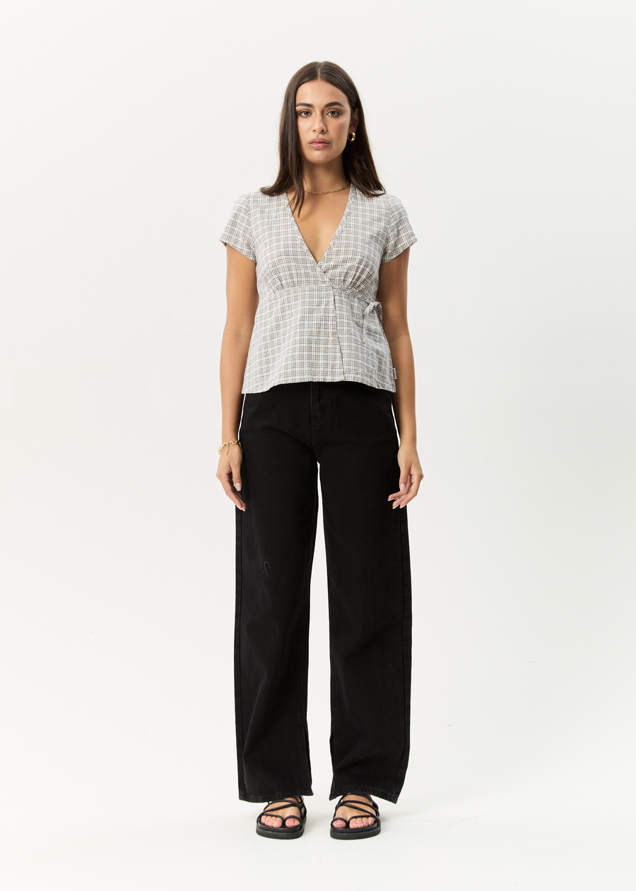 AFENDS Womens Drew - Seersucker Tie Top - Taupe Check