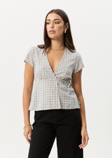 AFENDS Womens Drew - Seersucker Tie Top - Taupe Check - Afends womens drew   seersucker tie top   taupe check