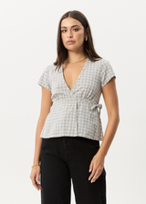 AFENDS Womens Drew - Seersucker Tie Top - Taupe Check - Afends womens drew   seersucker tie top   taupe check