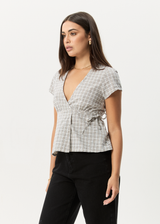 AFENDS Womens Drew - Seersucker Tie Top - Taupe Check - Afends womens drew   seersucker tie top   taupe check