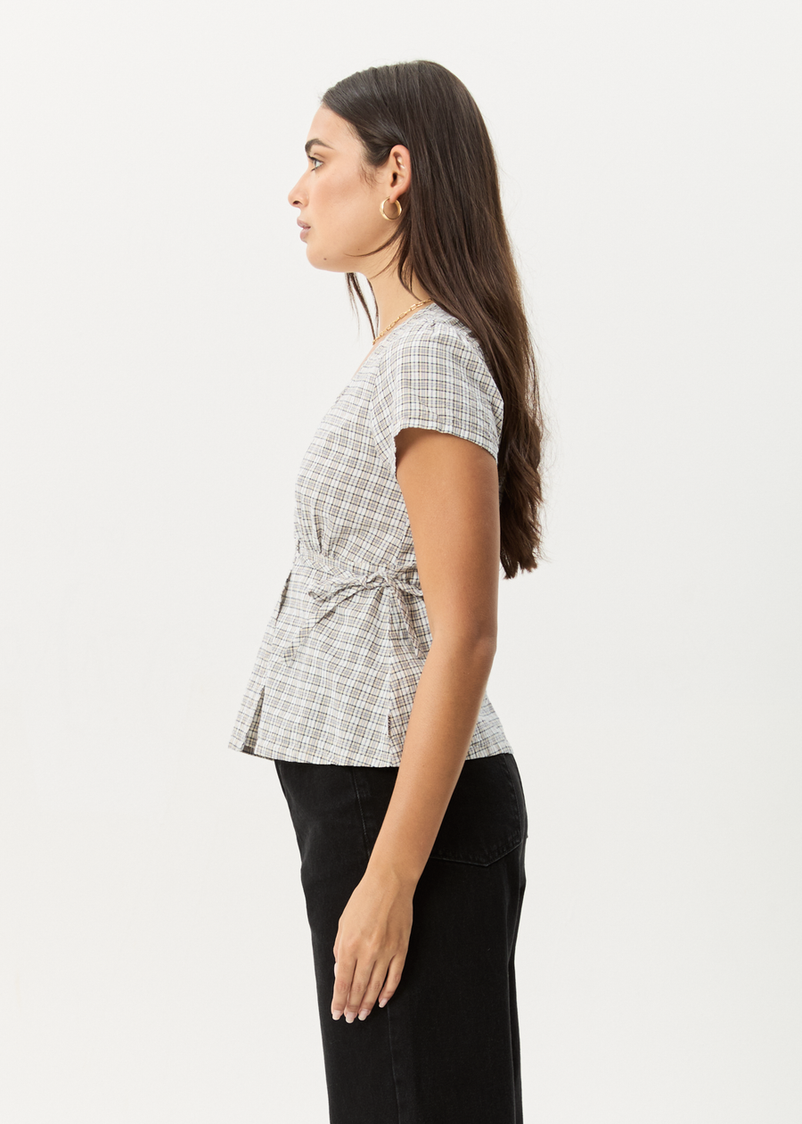 AFENDS Womens Drew - Seersucker Tie Top - Taupe Check