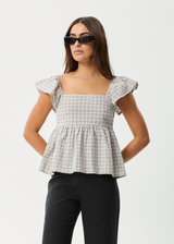 AFENDS Womens Drew - Seersucker Top - Taupe Check - Afends womens drew   seersucker top   taupe check