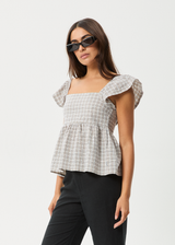 AFENDS Womens Drew - Seersucker Top - Taupe Check - Afends womens drew   seersucker top   taupe check