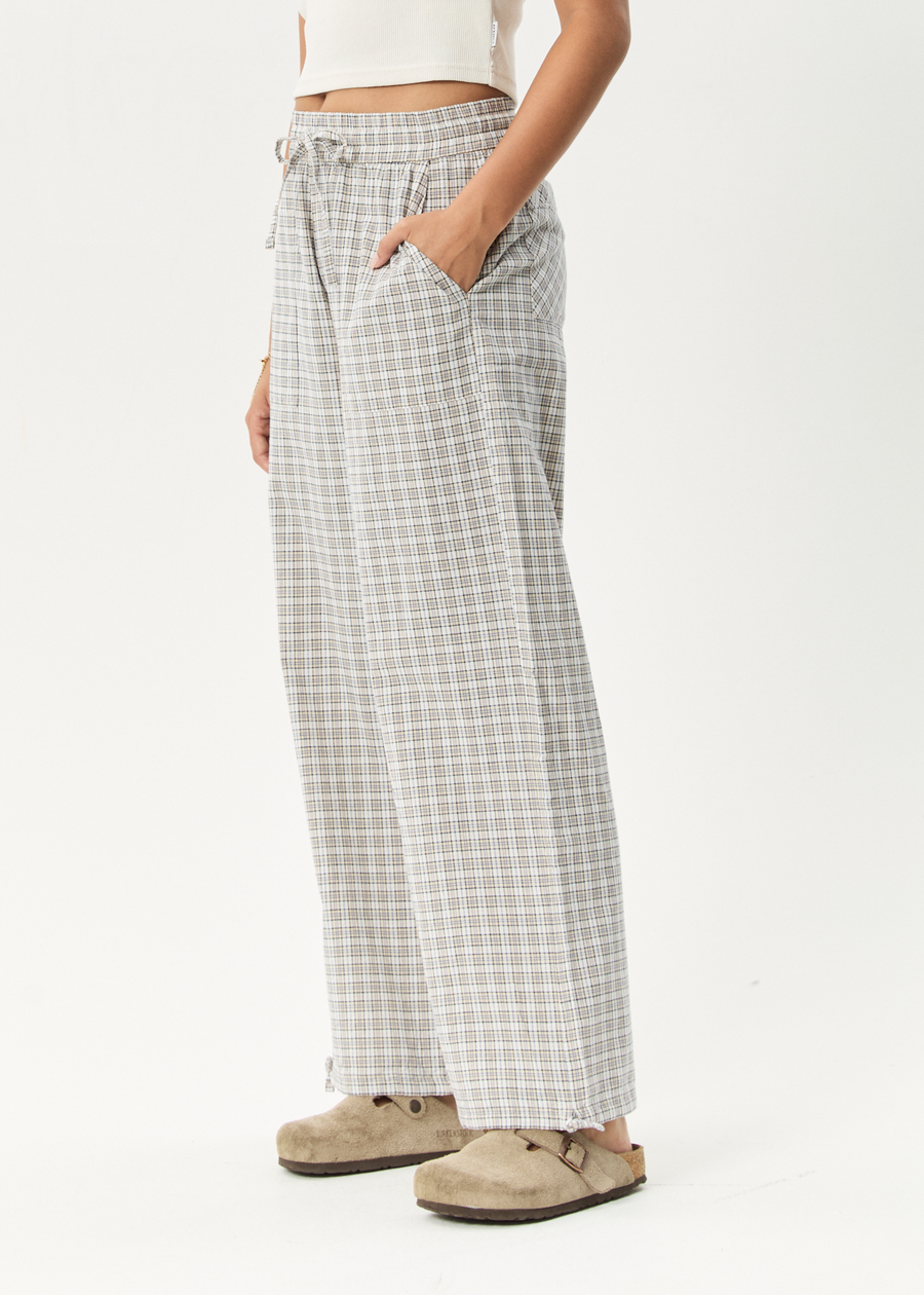 AFENDS Womens Drew - Seersucker Wide Leg Pant - Taupe Check