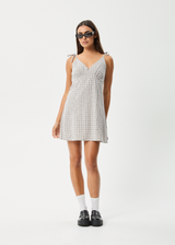 AFENDS Womens Drew - Seersucker Mini Dress - Taupe Check - Afends womens drew   seersucker mini dress   taupe check