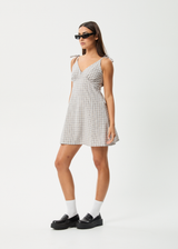 AFENDS Womens Drew - Seersucker Mini Dress - Taupe Check - Afends womens drew   seersucker mini dress   taupe check