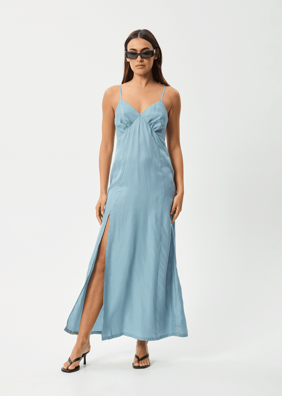 AFENDS Womens Delia - Cupro Maxi Dress - Ether Blue