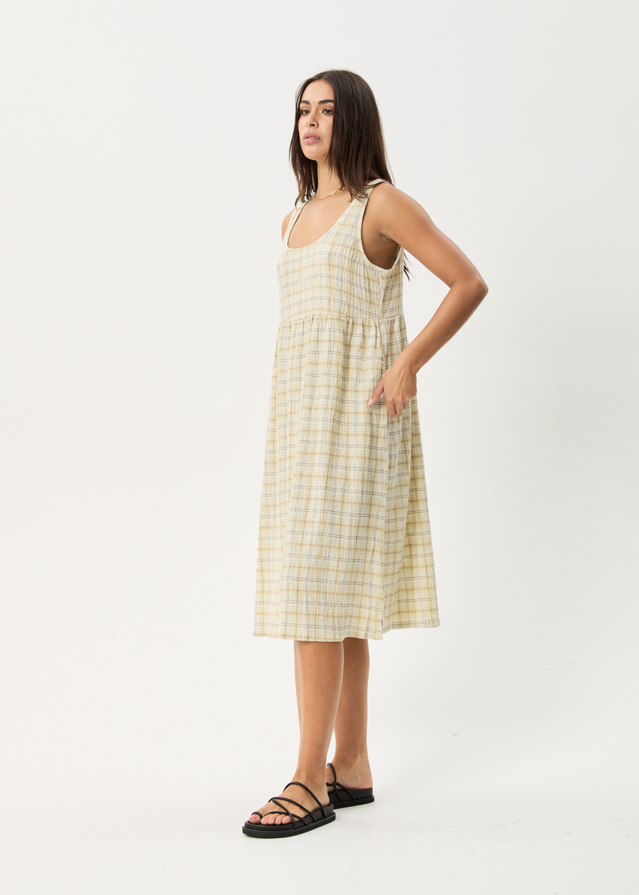 AFENDS Womens Position - Seersucker Midi Dress - Tan Check