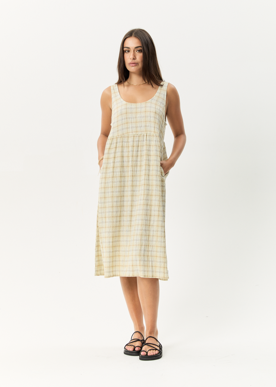 AFENDS Womens Position - Seersucker Midi Dress - Tan Check