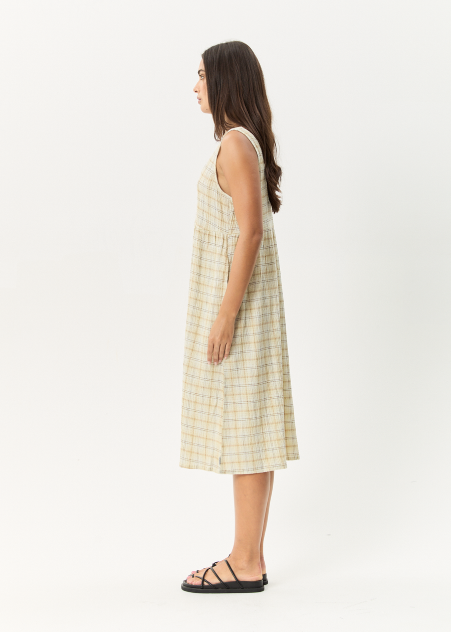 AFENDS Womens Position - Seersucker Midi Dress - Tan Check