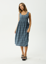 AFENDS Womens Position - Seersucker Midi Dress - Navy Check - Afends womens position   seersucker midi dress   navy check