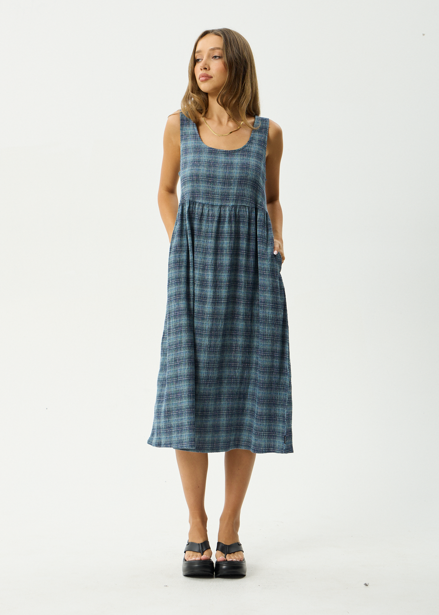 AFENDS Womens Position - Seersucker Midi Dress - Navy Check