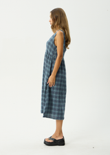 AFENDS Womens Position - Seersucker Midi Dress - Navy Check - Afends womens position   seersucker midi dress   navy check