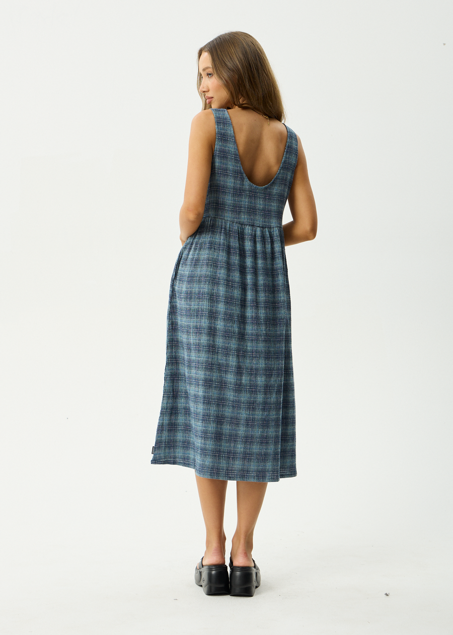 AFENDS Womens Position - Seersucker Midi Dress - Navy Check