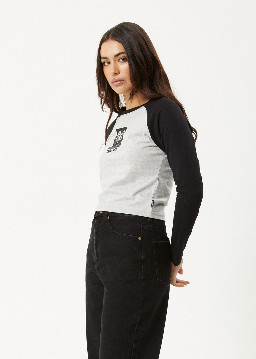 AFENDS Womens Adele - Long Sleeve Raglan Tee - Black / Grey Marle