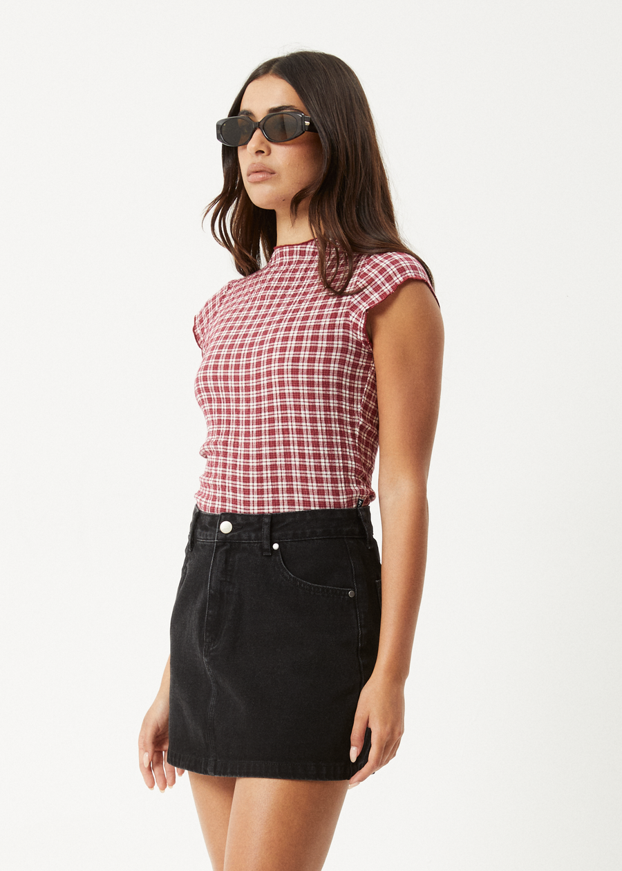 AFENDS Womens Base - Seersucker Mock Neck Top - Burgundy Check