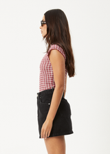 AFENDS Womens Base - Seersucker Mock Neck Top - Burgundy Check - Afends womens base   seersucker mock neck top   burgundy check