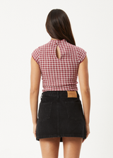 AFENDS Womens Base - Seersucker Mock Neck Top - Burgundy Check - Afends womens base   seersucker mock neck top   burgundy check